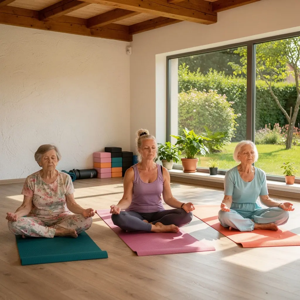 Gados vecāki cilvēki meditē, sēžot uz paklājiem, lai relaksētos un atjaunotu spēkus.